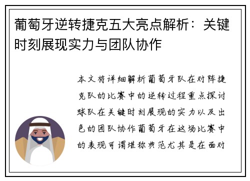 葡萄牙逆转捷克五大亮点解析：关键时刻展现实力与团队协作